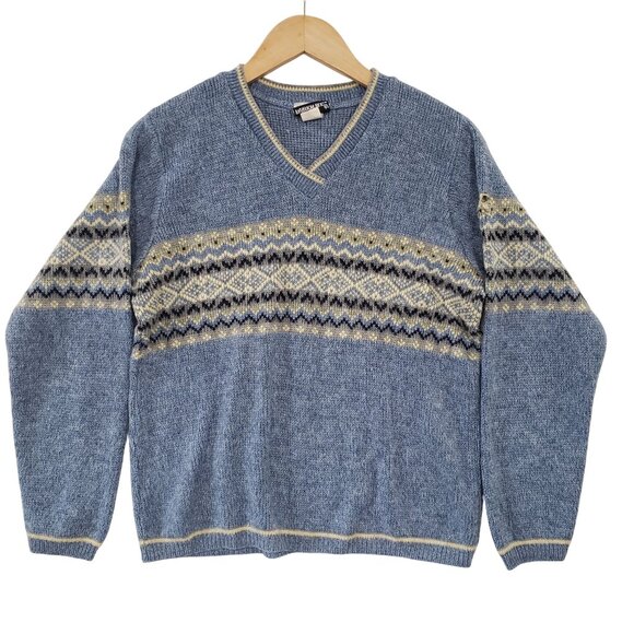 Vintage 90s Fashion Bug Blue Fair Isle Knit Sweater V Neck Size M USA Preppy Ski - Picture 1 of 6